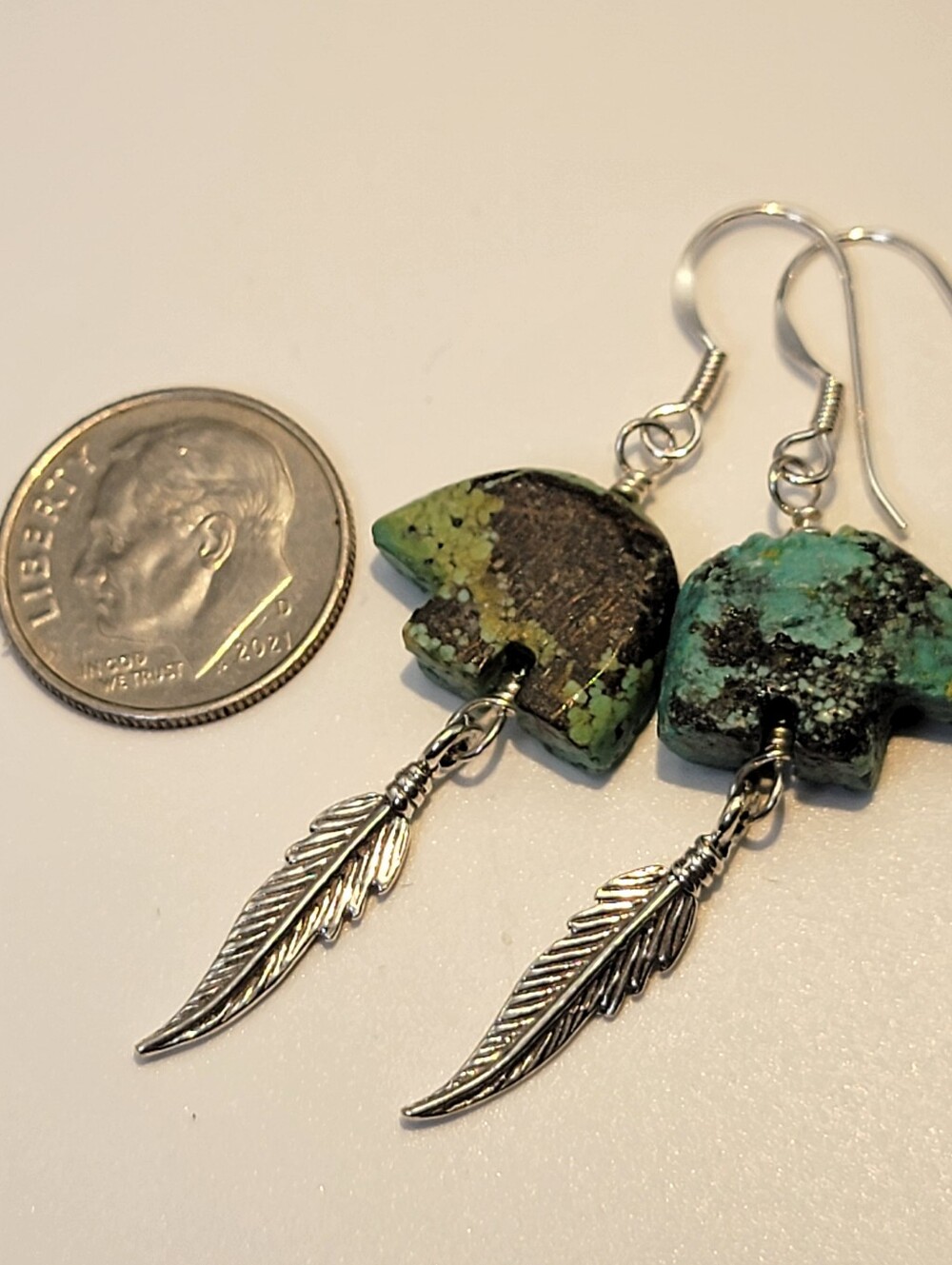 NEW Sterling Silver Kingman Turquoise Carved Bear & Feather Dangle Earrings - Picture 7 of 10